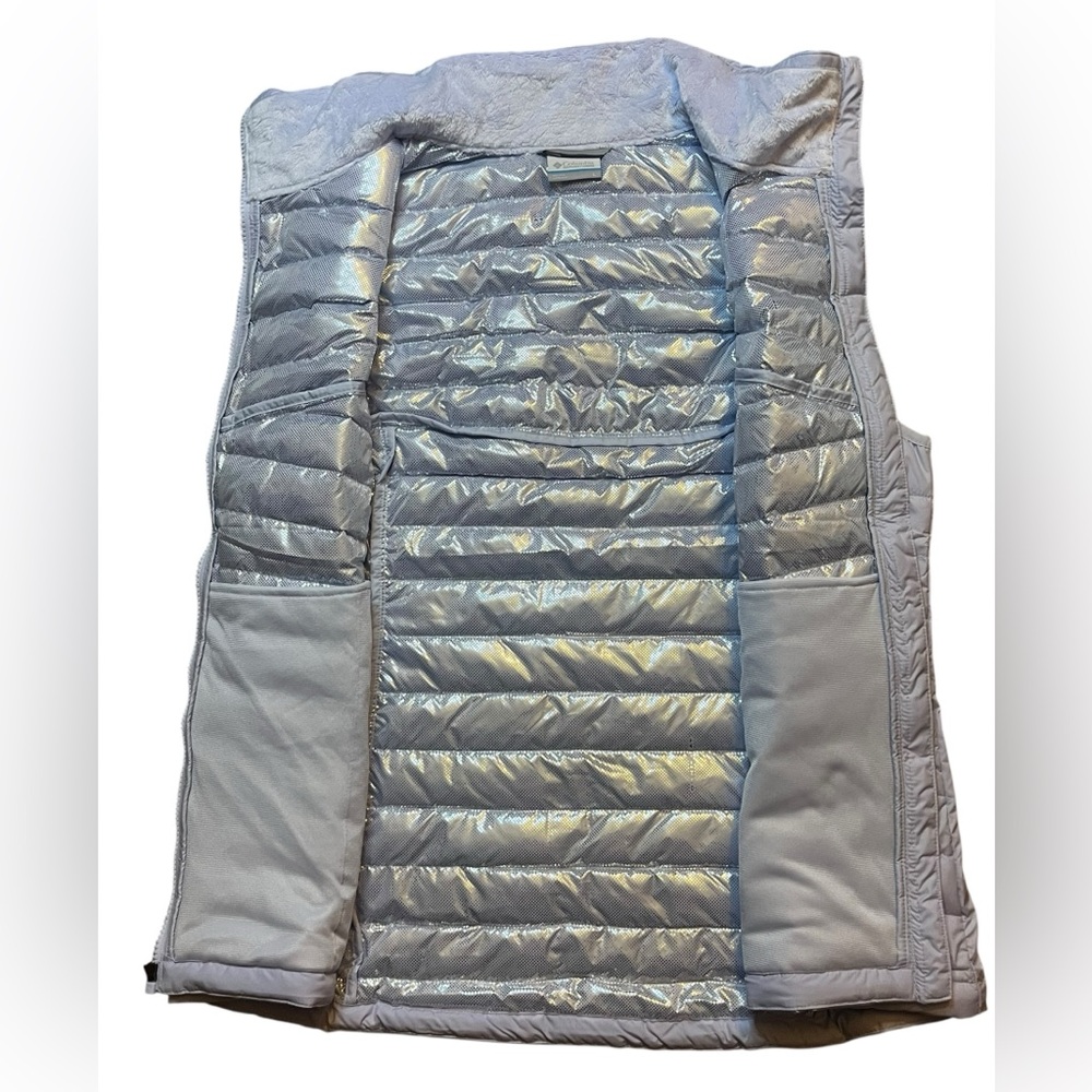 Columbia Women’s Large Omni-Heat Thermal Vest White Out Lilac Blue Zip Pockets - Picture 8 of 9